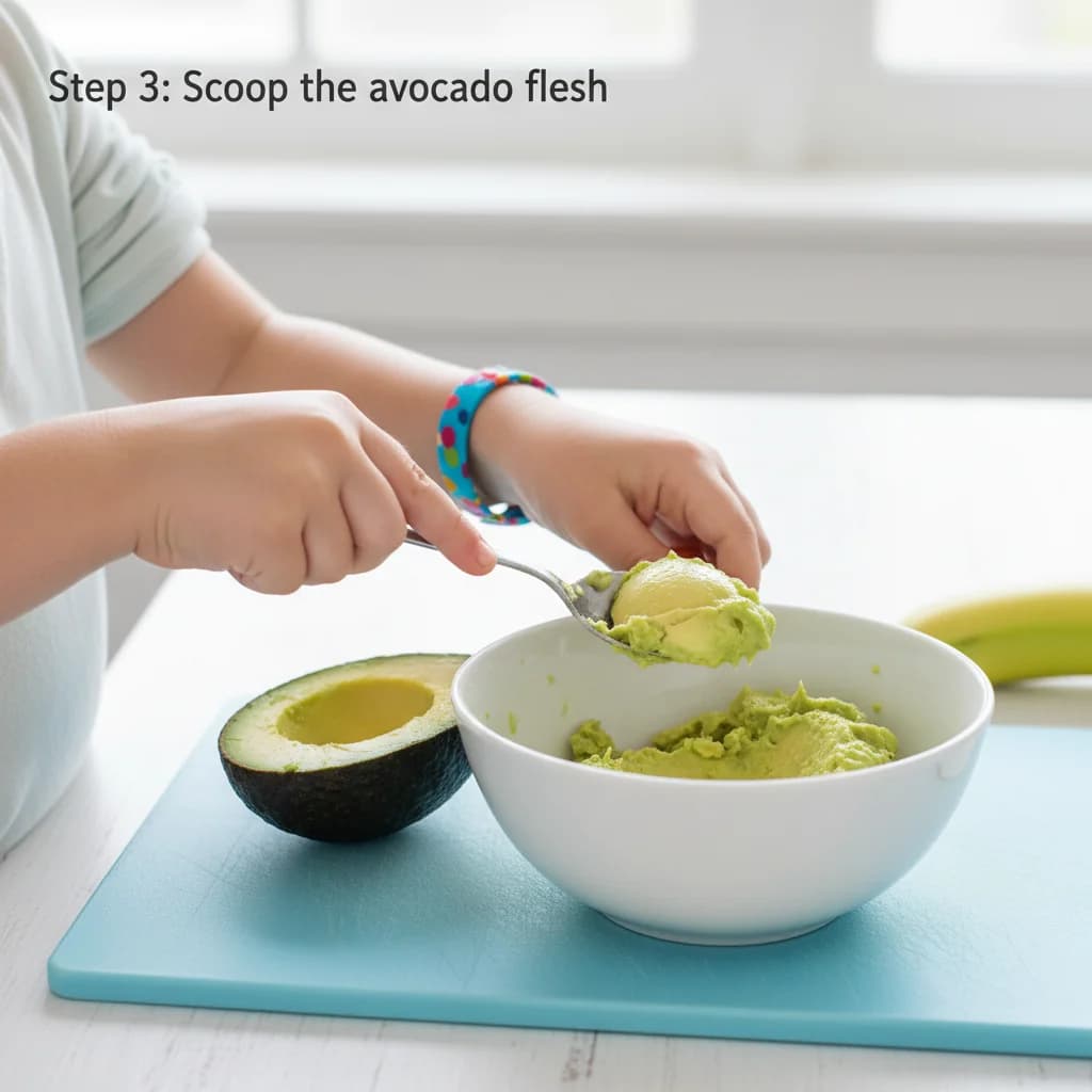 Step 3: Scoop the avocado flesh: Use a spoon to scoop out the flesh of half the avocado into a small bowl. for Avocado & Banana Mash: Creamy First Food