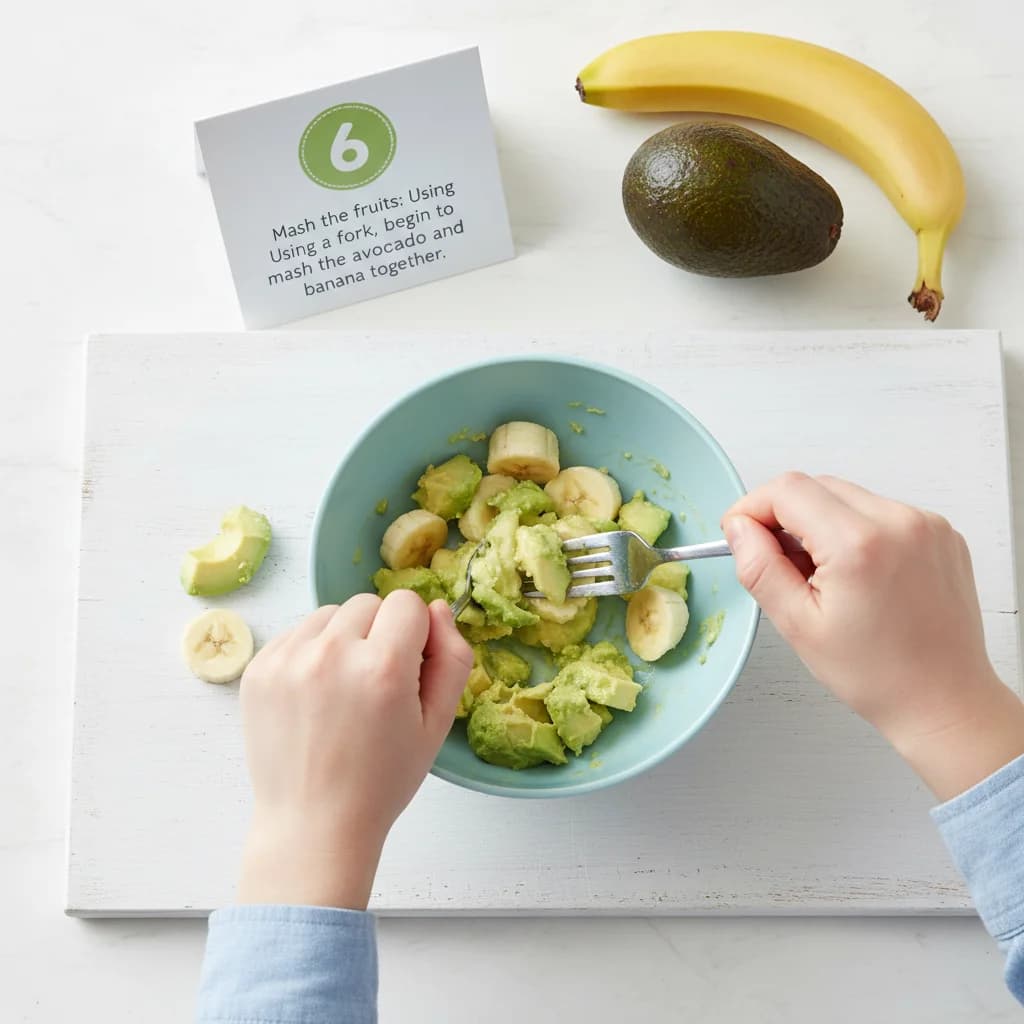 Step 6: Mash the fruits: Using a fork, begin to mash the avocado and banana together. for Avocado & Banana Mash: Creamy First Food