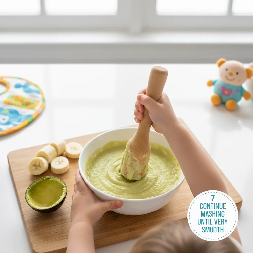 Step 7: Continue mashing: Continue mashing until the mixture is very smooth and creamy. Ensure there are no for Avocado & Banana Mash: Creamy First Food