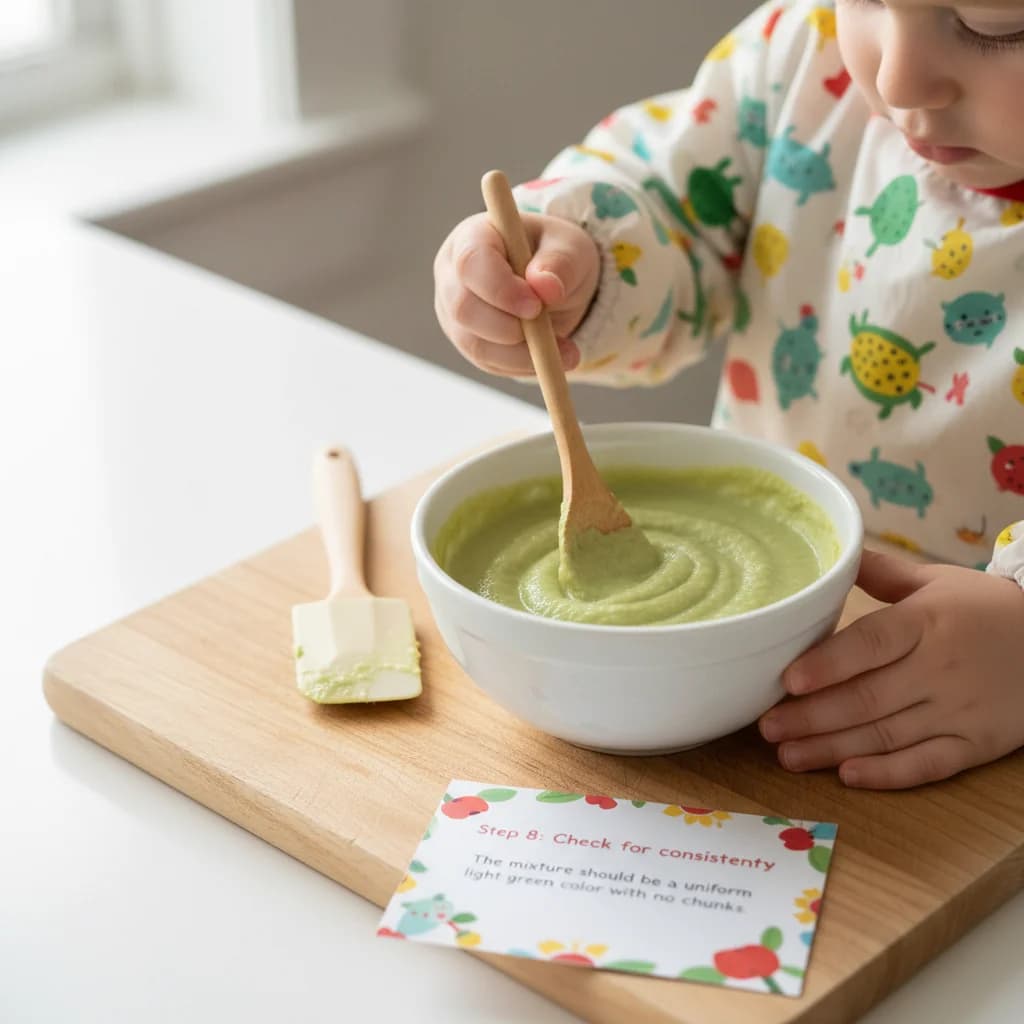 Step 8: Check for consistency: The mixture should be a uniform light green color with no chunks. for Avocado & Banana Mash: Creamy First Food