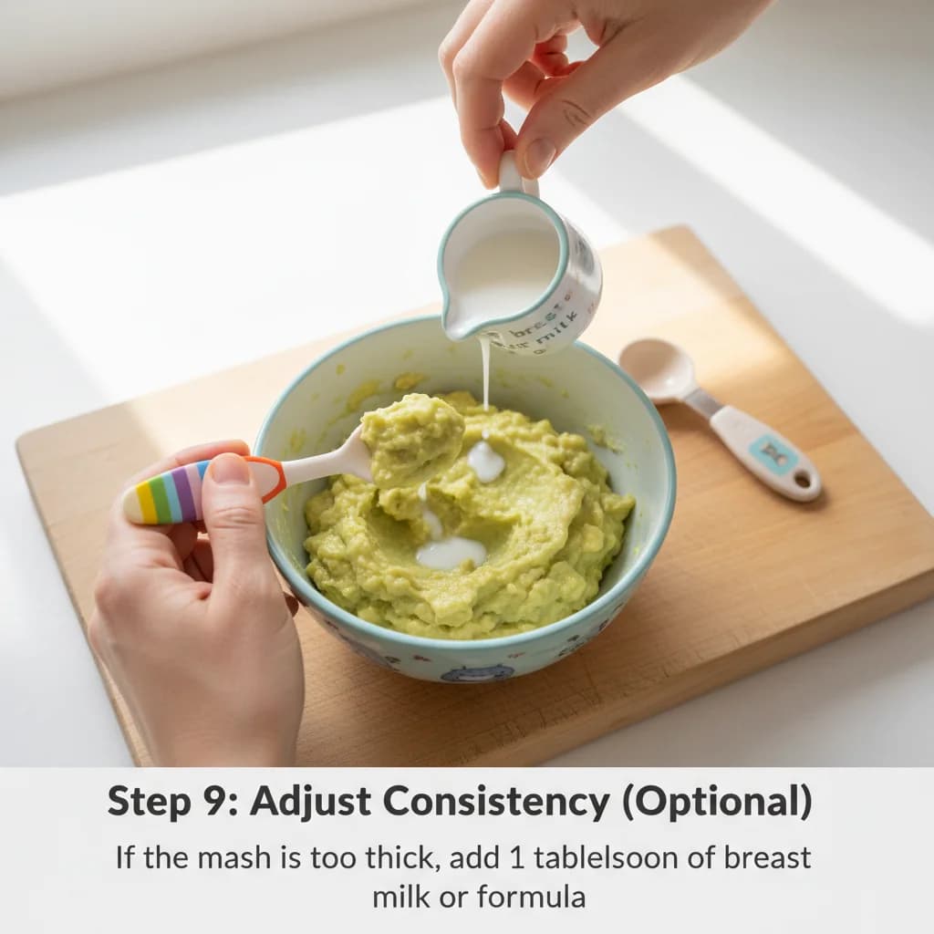 Step 9: Adjust consistency (optional): If the mash is too thick, add 1 tablespoon of breast milk or formula. for Avocado & Banana Mash: Creamy First Food