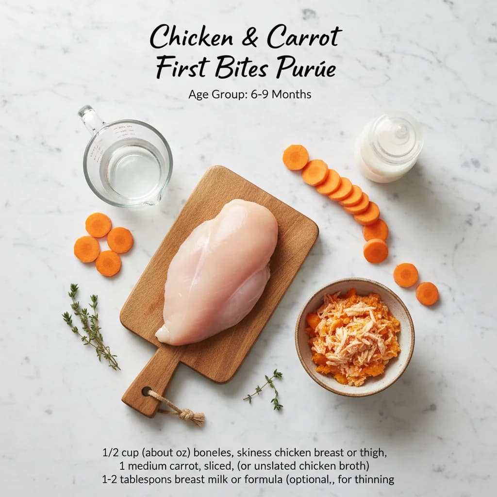 All ingredients needed for Chicken & Carrot First Bites Purée arranged on a clean surface