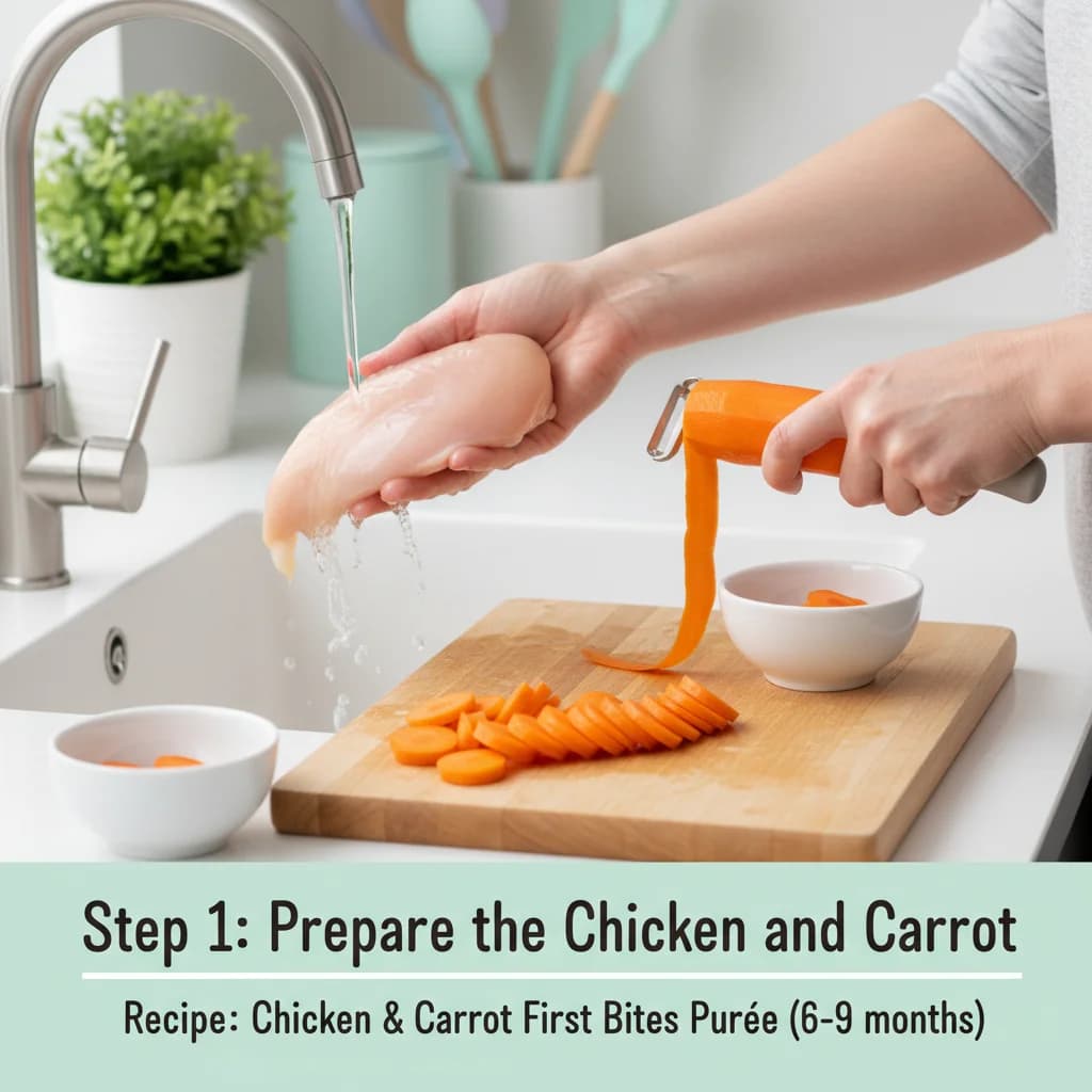 Step 1: **Prepare the Chicken and Carrot:** Thoroughly wash the chicken breast or thigh. Peel and slice the for Chicken & Carrot First Bites Purée