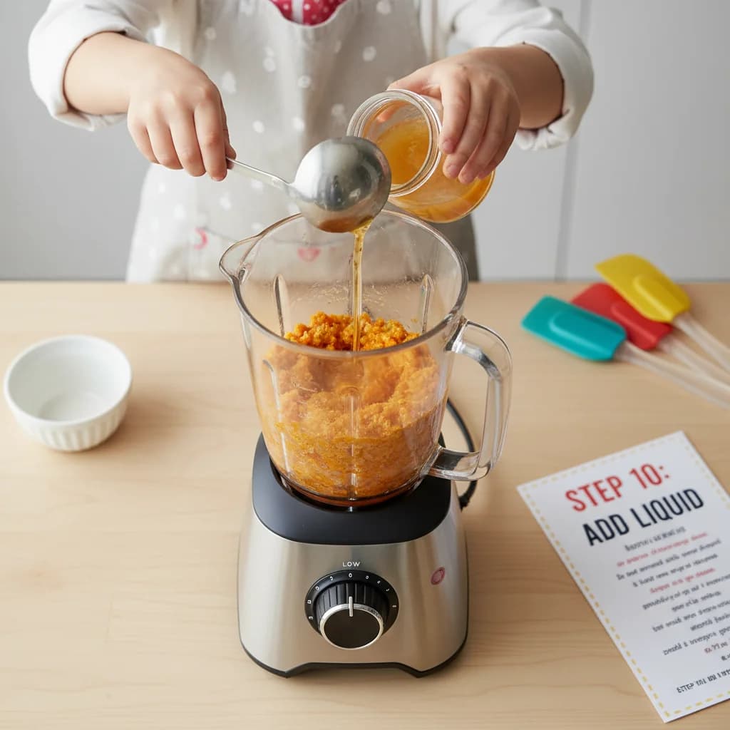 Step 10: **Add Liquid:** Add 2-3 tablespoons of the reserved cooking liquid to the blender. Begin blending on for Chicken & Carrot First Bites Purée