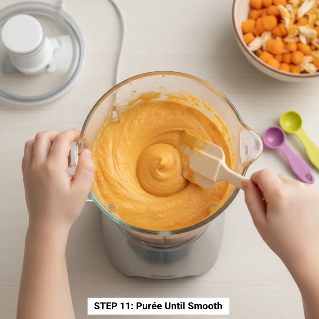 Step 11: **Purée Until Smooth:** Gradually increase the speed and purée until the mixture is completely smoot for Chicken & Carrot First Bites Purée