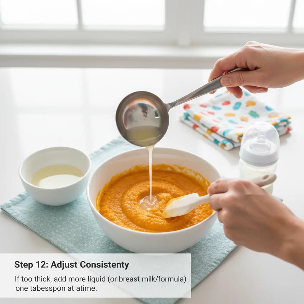 Step 12: **Adjust Consistency:** If the purée is too thick, add more cooking liquid (or breast milk/formula) for Chicken & Carrot First Bites Purée