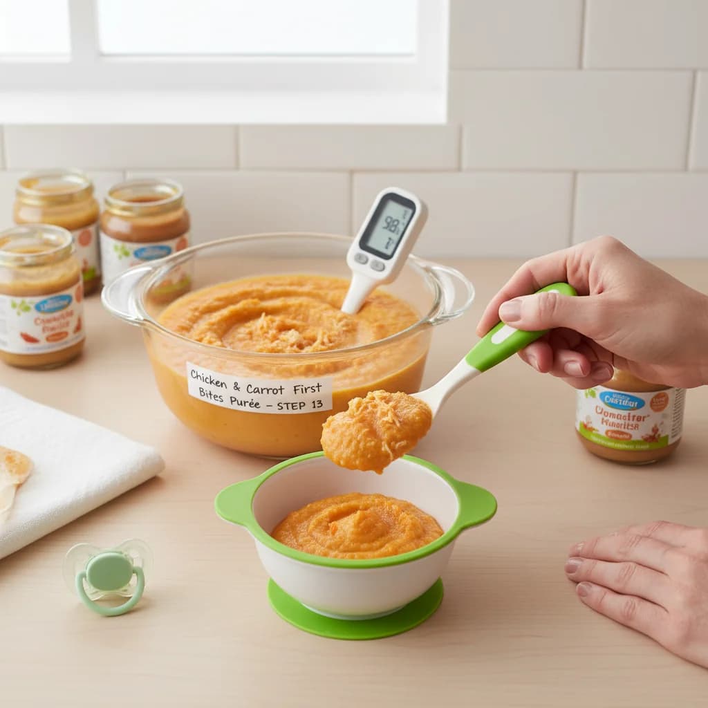 Step 13: **Cool and Serve:** Allow the purée to cool slightly before serving. *Always test the temperature be for Chicken & Carrot First Bites Purée