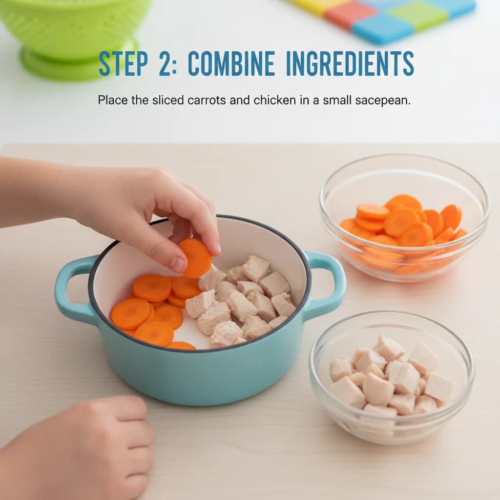 Step 2: **Combine Ingredients:** Place the sliced carrots and chicken in a small saucepan. for Chicken & Carrot First Bites Purée