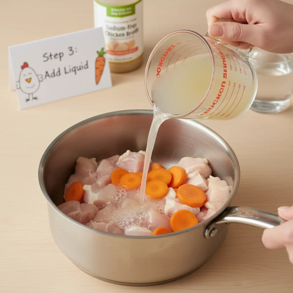 Step 3: **Add Liquid:** Pour 1 cup of water (or unsalted chicken broth) over the chicken and carrots, ensuri for Chicken & Carrot First Bites Purée
