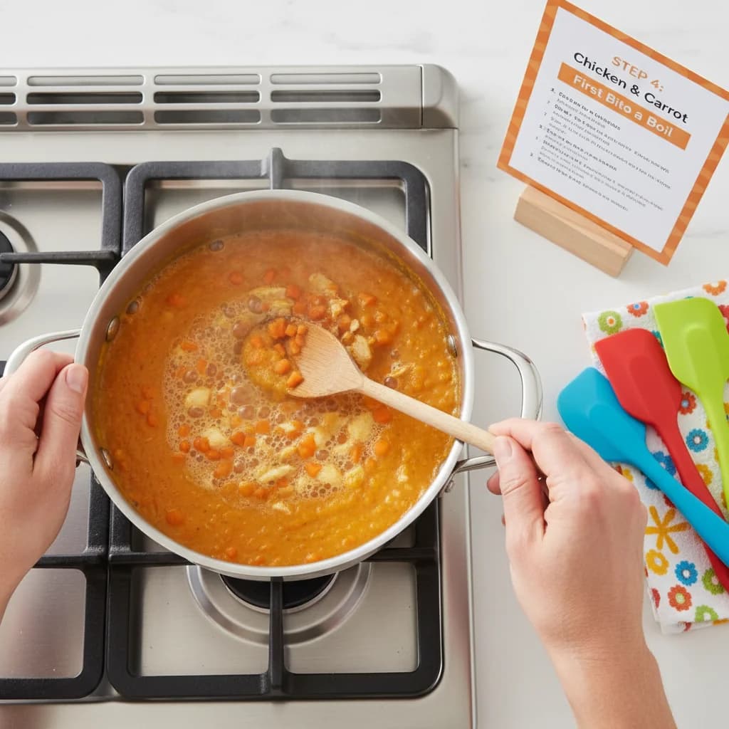 Step 4: **Bring to a Boil:** Bring the mixture to a boil over medium-high heat. for Chicken & Carrot First Bites Purée