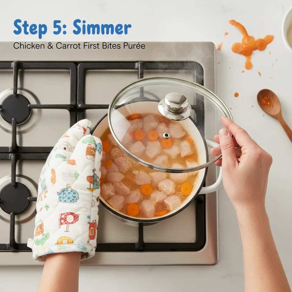 Step 5: **Simmer:** Once boiling, reduce the heat to low, cover the saucepan, and simmer gently for 10-12 mi for Chicken & Carrot First Bites Purée