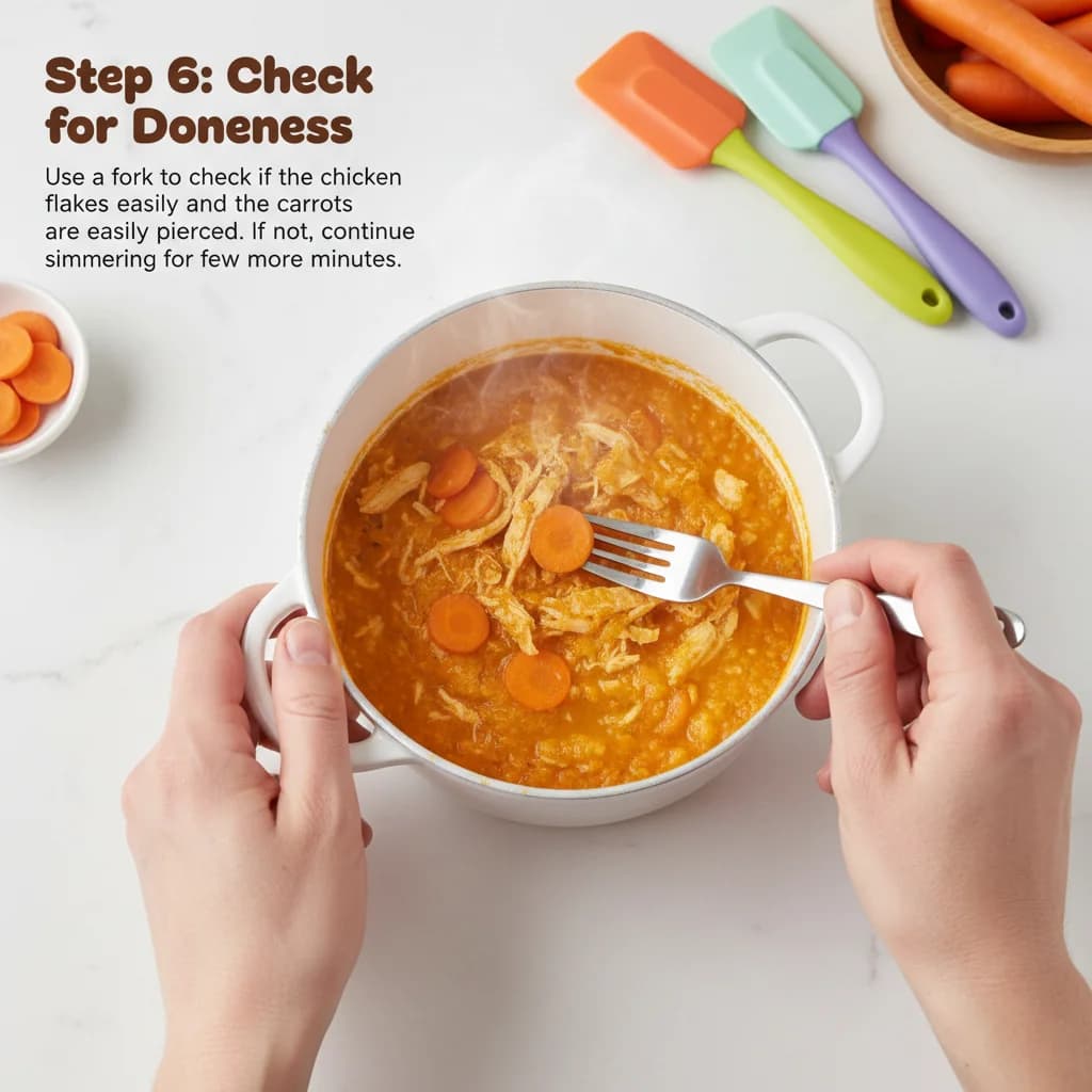 Step 6: **Check for Doneness:** Use a fork to check if the chicken flakes easily and the carrots are easily for Chicken & Carrot First Bites Purée