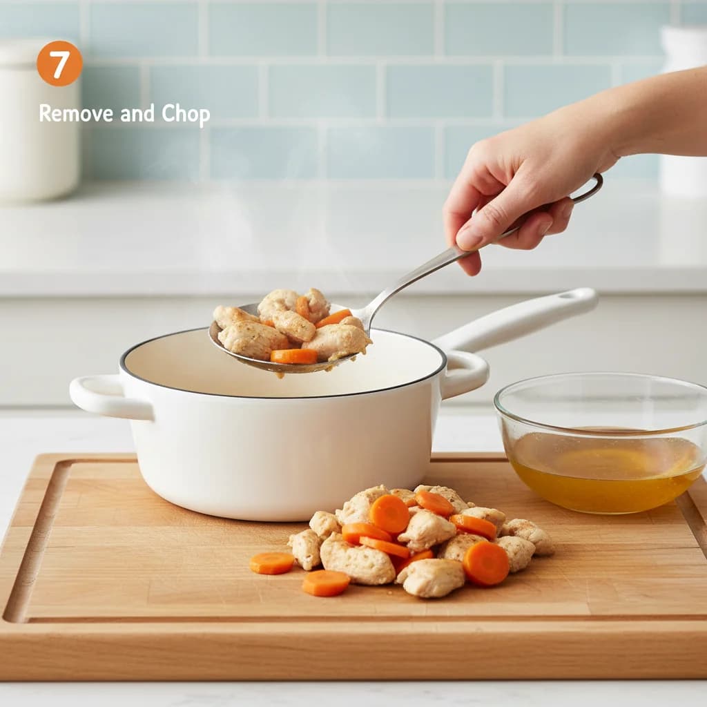 Step 7: **Remove and Chop:** Carefully remove the cooked chicken and carrots from the saucepan using a slott for Chicken & Carrot First Bites Purée
