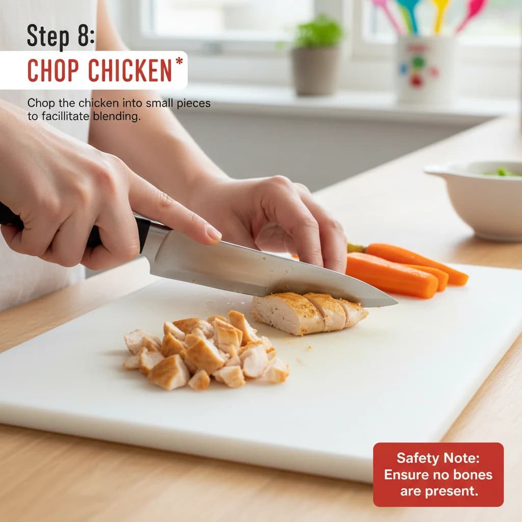 Step 8: **Chop Chicken:** Chop the chicken into small pieces to facilitate blending. *Safety Note: Ensure no for Chicken & Carrot First Bites Purée