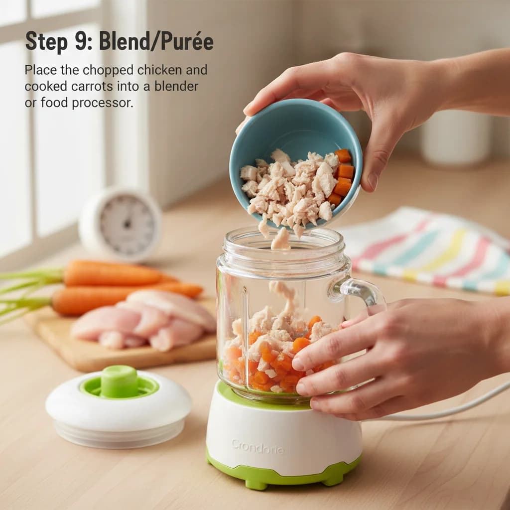 Step 9: **Blend/Purée:** Place the chopped chicken and cooked carrots into a blender or food processor. for Chicken & Carrot First Bites Purée