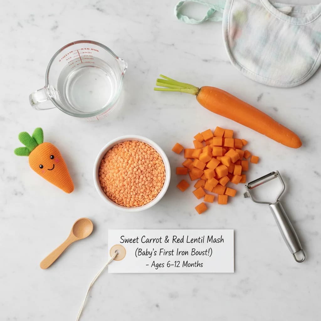 All ingredients needed for Sweet Carrot & Red Lentil Mash (Baby's First Iron Boost!) arranged on a clean surface
