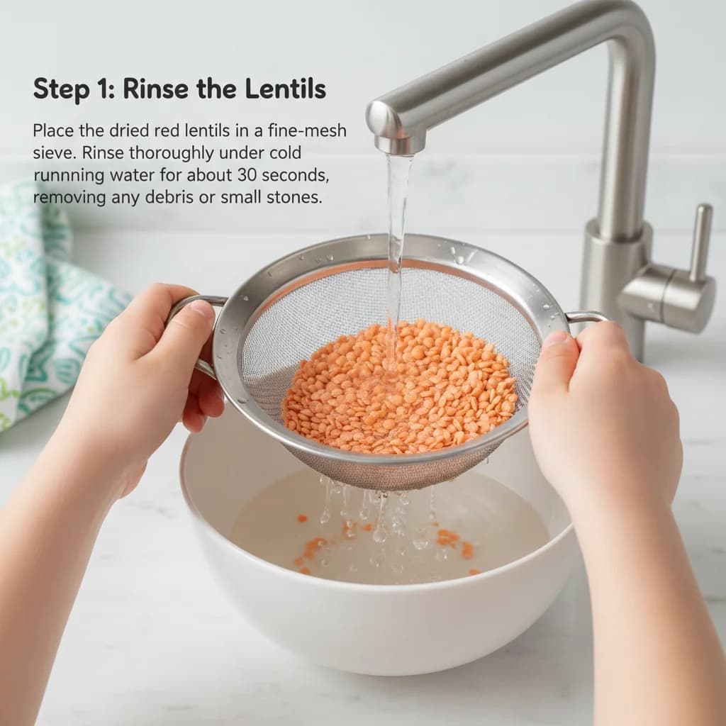 Step 1: **Step 1: Rinse the Lentils:** Place the dried red lentils in a fine-mesh sieve. Rinse thoroughly un for Sweet Carrot & Red Lentil Mash (Baby's First Iron Boost!)