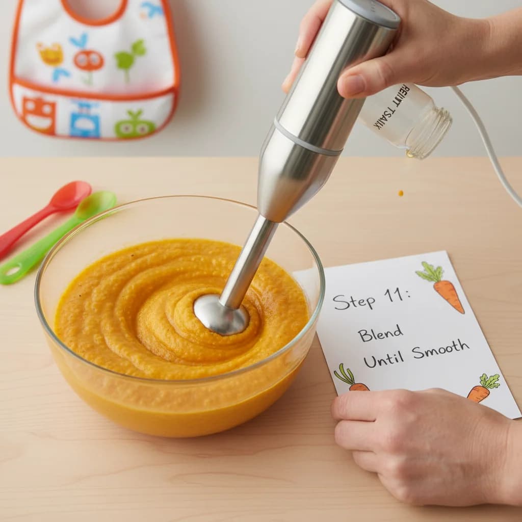 Step 11: **Step 11: Blend Until Smooth:** Blend until completely smooth, adding a small amount of extra water for Sweet Carrot & Red Lentil Mash (Baby's First Iron Boost!)