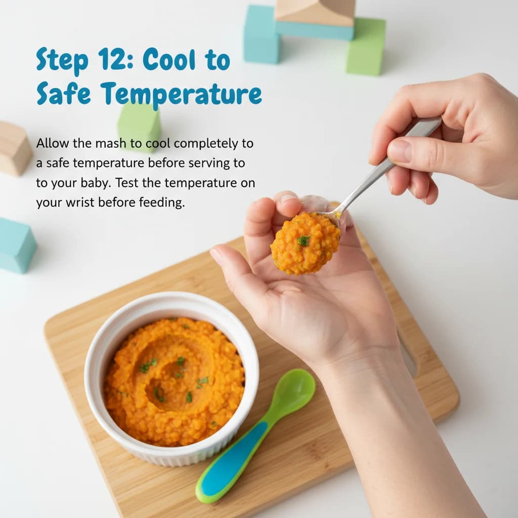 Step 12: **Step 12: Cool to Safe Temperature:** Allow the mash to cool completely to a safe temperature befor for Sweet Carrot & Red Lentil Mash (Baby's First Iron Boost!)