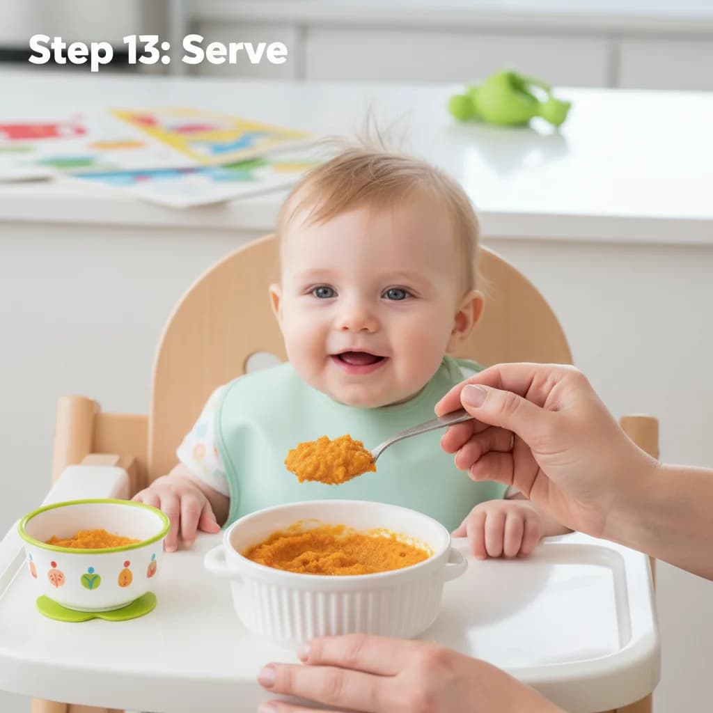 Step 13: **Step 13: Serve:** Serve a few spoonfuls of the warm mash to your baby. Start with a small amount a for Sweet Carrot & Red Lentil Mash (Baby's First Iron Boost!)
