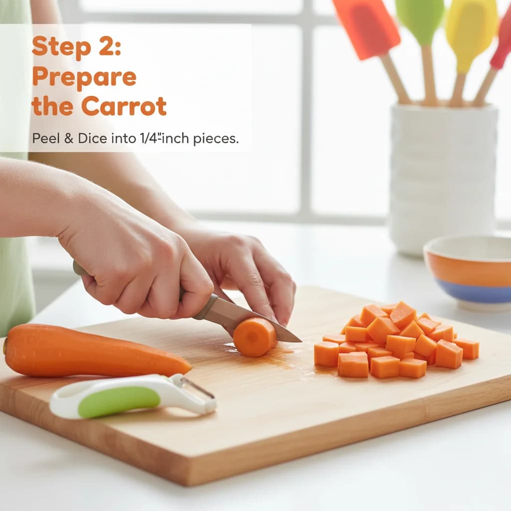 Step 2: **Step 2: Prepare the Carrot:** Peel the carrot using a vegetable peeler. Then, dice the carrot into for Sweet Carrot & Red Lentil Mash (Baby's First Iron Boost!)