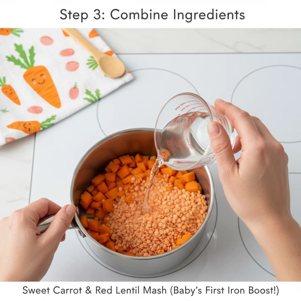 Step 3: **Step 3: Combine Ingredients:** In a small saucepan, combine the rinsed red lentils, diced carrot, for Sweet Carrot & Red Lentil Mash (Baby's First Iron Boost!)