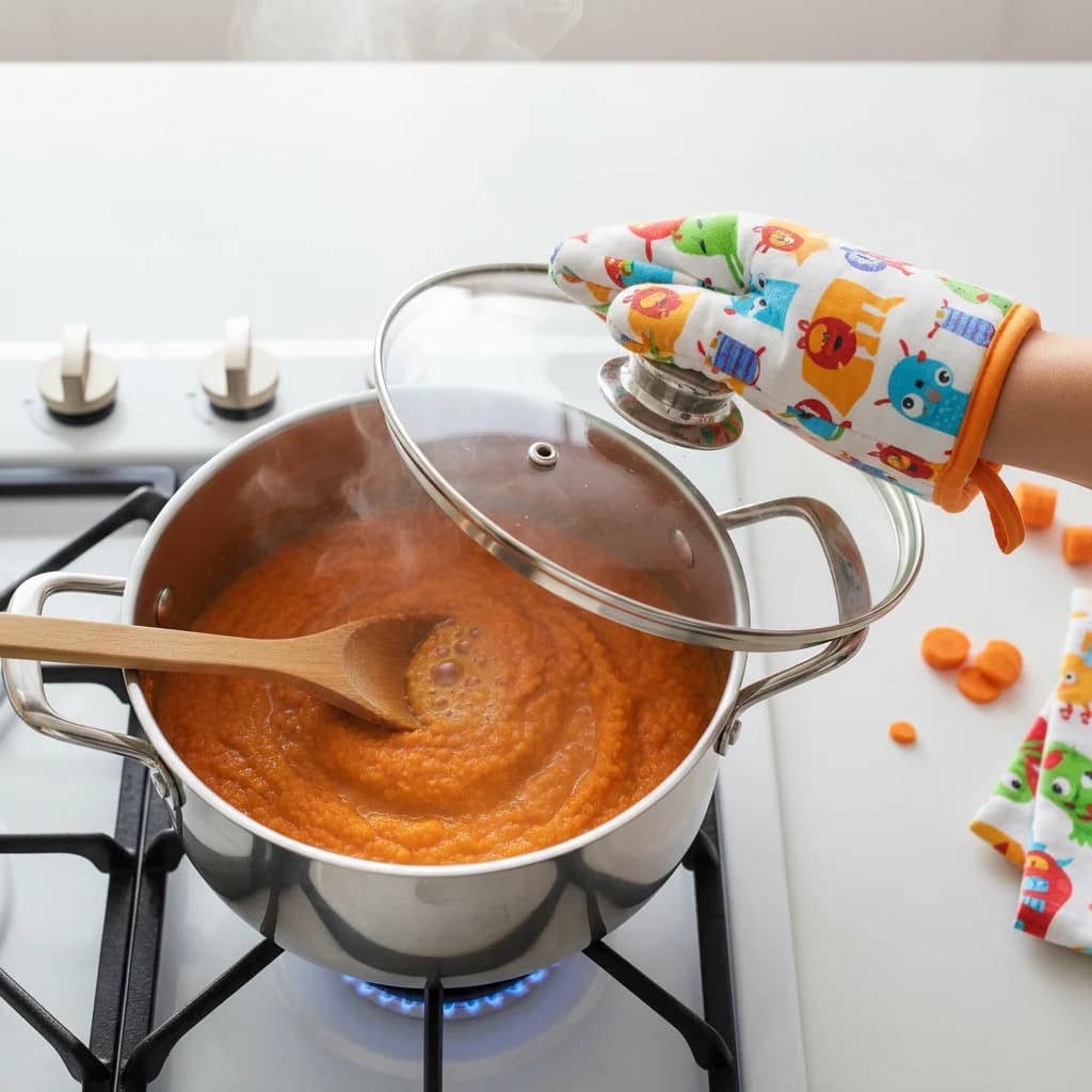Step 5: **Step 5: Reduce Heat and Simmer:** Once boiling, reduce the heat to low. Cover the saucepan partial for Sweet Carrot & Red Lentil Mash (Baby's First Iron Boost!)