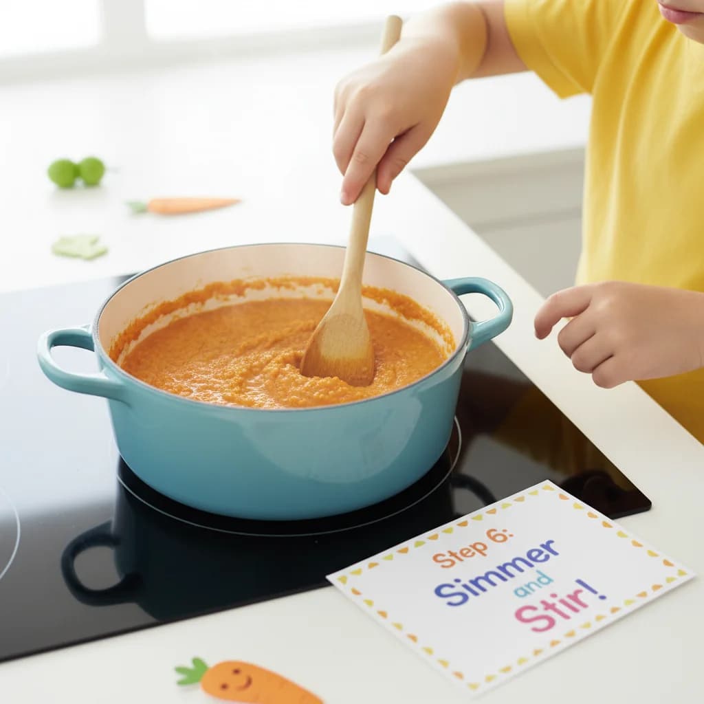 Step 6: **Step 6: Simmer and Stir:** Simmer gently for about 10 minutes. Check and stir occasionally to prev for Sweet Carrot & Red Lentil Mash (Baby's First Iron Boost!)
