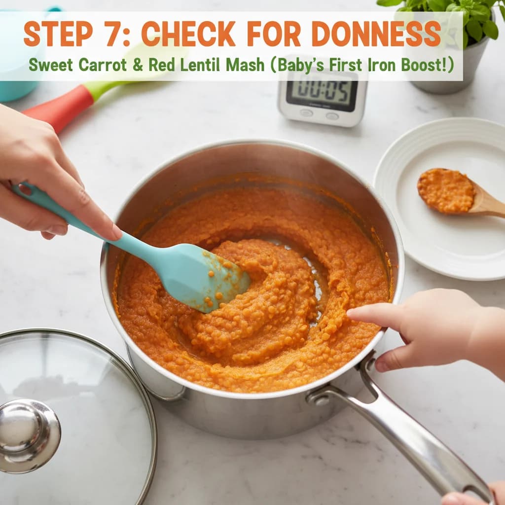 Step 7: **Step 7: Check for Doneness:** Continue simmering for another 5 minutes, or until the lentils have for Sweet Carrot & Red Lentil Mash (Baby's First Iron Boost!)