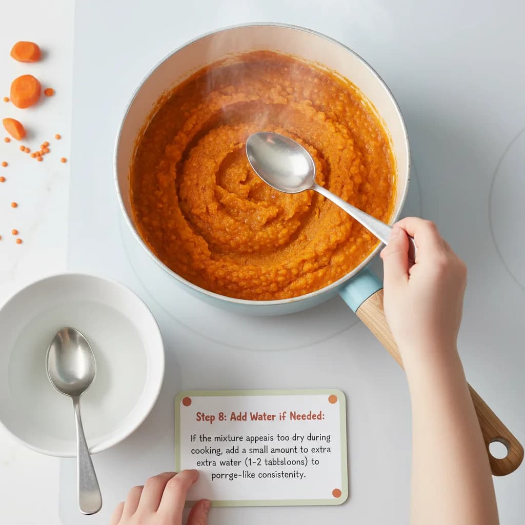 Step 8: **Step 8: Add Water if Needed:** If the mixture appears too dry during cooking, add a small amount o for Sweet Carrot & Red Lentil Mash (Baby's First Iron Boost!)