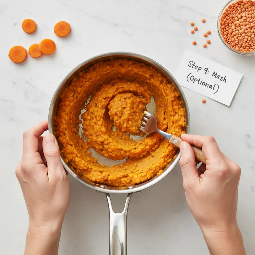 Step 9: **Step 9: Mash (Optional):** If your baby is ready for a slightly textured mash, use the back of a f for Sweet Carrot & Red Lentil Mash (Baby's First Iron Boost!)