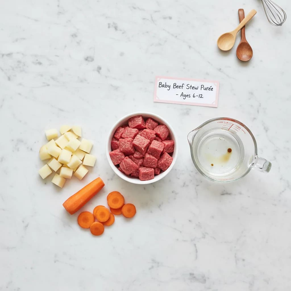 All ingredients needed for Baby Beef Stew Purée arranged on a clean surface