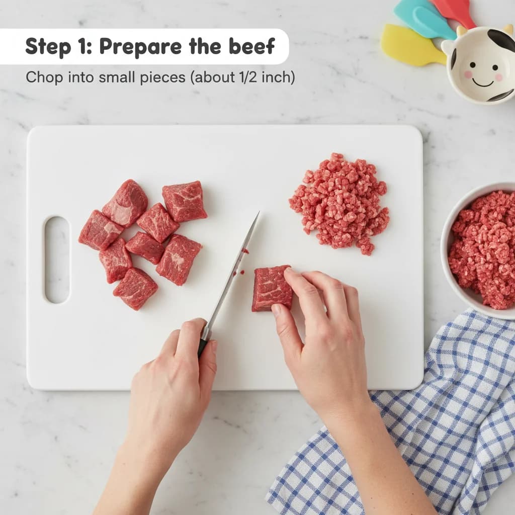 Step 1: Step 1: Prepare the beef. If using stew beef or steak, chop it into small, bite-sized pieces (about for Baby Beef Stew Purée