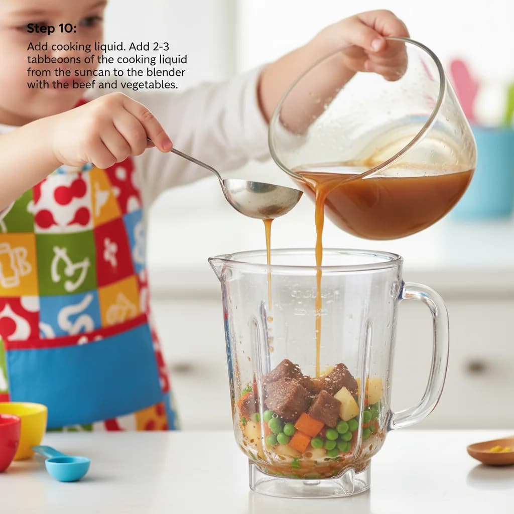 Step 10: Step 10: Add cooking liquid. Add 2-3 tablespoons of the cooking liquid from the saucepan to the blen for Baby Beef Stew Purée