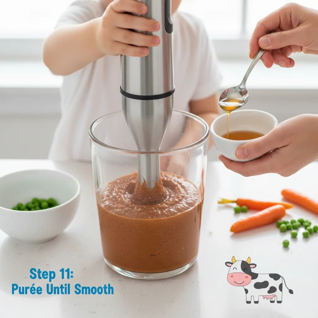 Step 11: Step 11: Purée until smooth. Blend the mixture on high speed until completely smooth, adding more co for Baby Beef Stew Purée