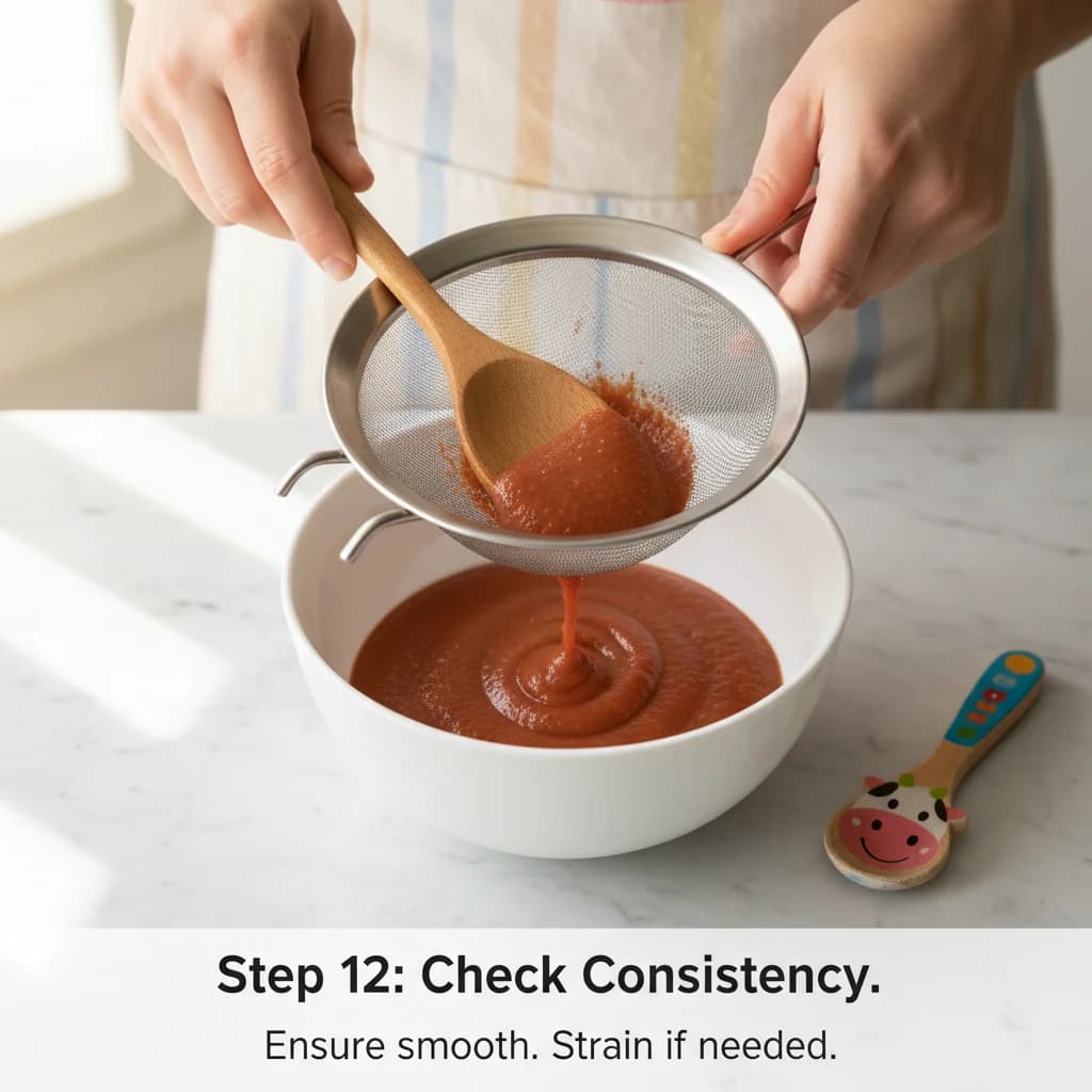 Step 12: Step 12: Check consistency. Ensure the purée is smooth and free of any lumps. If needed, strain the for Baby Beef Stew Purée