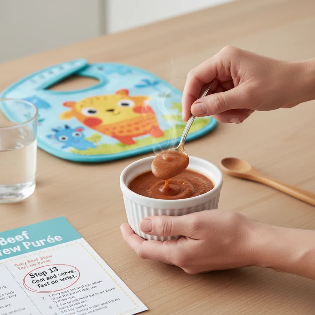 Step 13: Step 13: Cool and serve. Allow the purée to cool to a warm temperature before serving to your baby. for Baby Beef Stew Purée