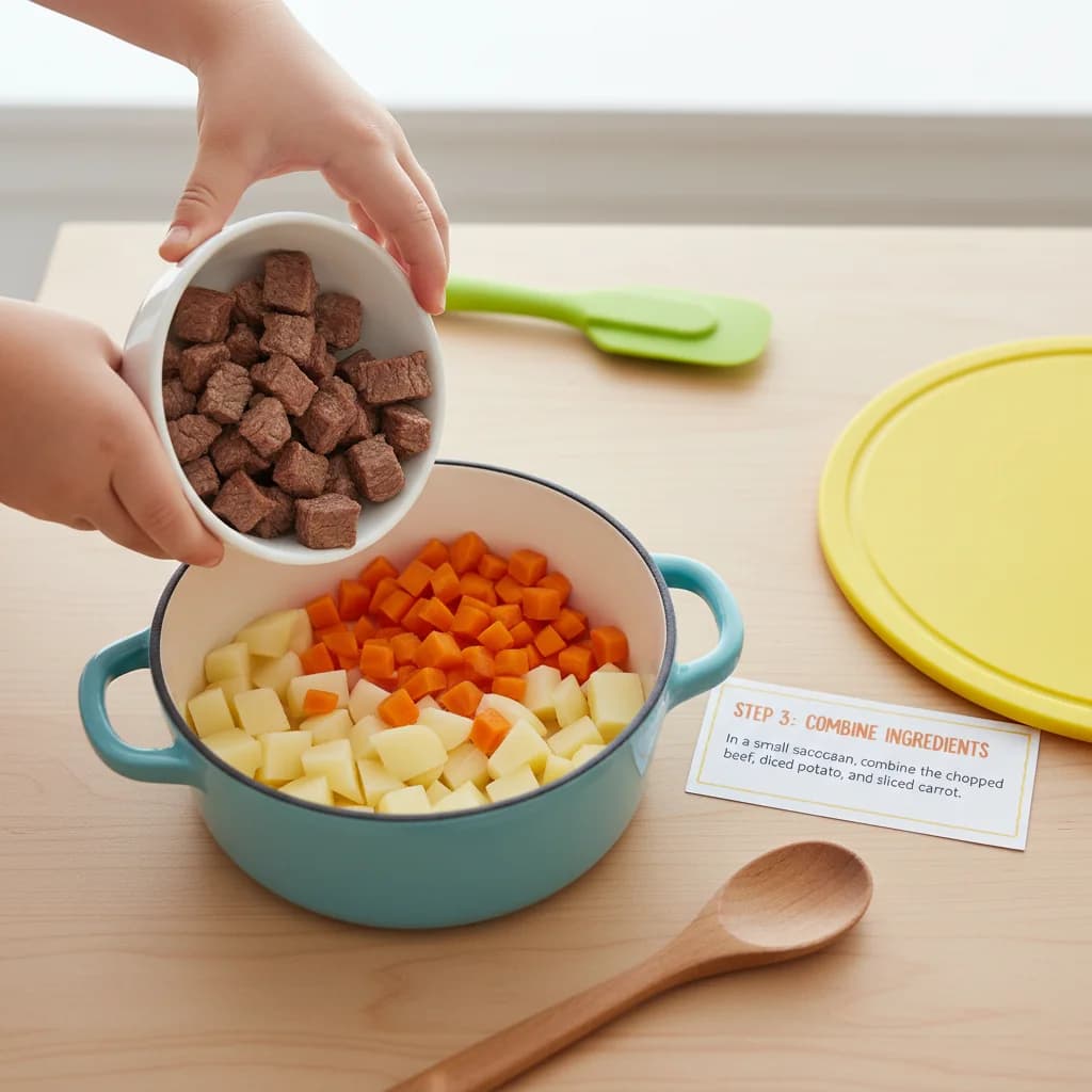 Step 3: Step 3: Combine ingredients. In a small saucepan, combine the chopped beef, diced potato, and sliced for Baby Beef Stew Purée