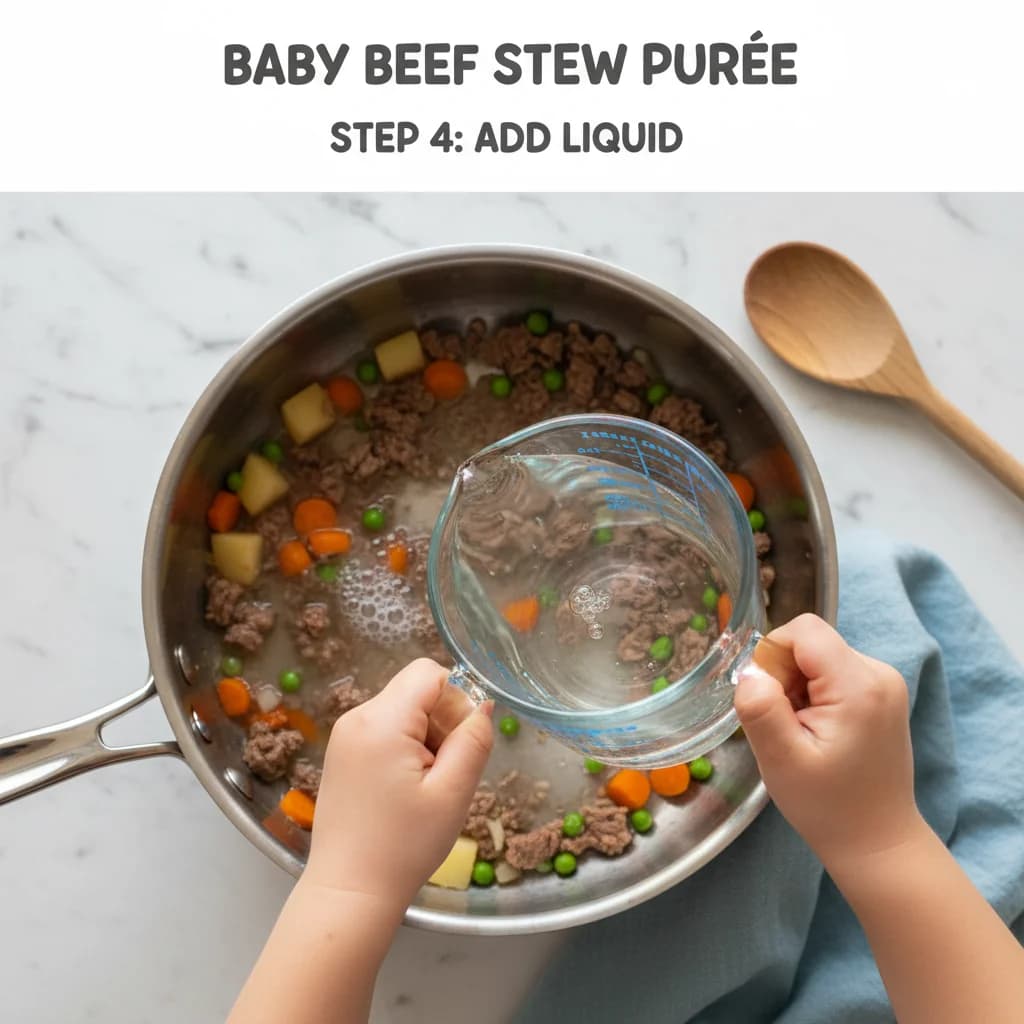 Step 4: Step 4: Add liquid. Pour water (or unsalted beef broth) into the saucepan, ensuring the ingredients for Baby Beef Stew Purée