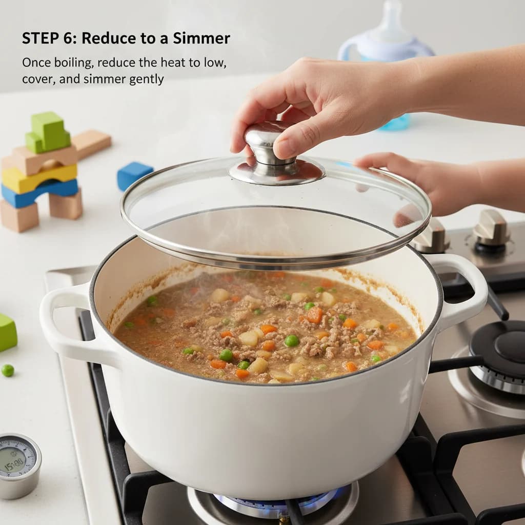 Step 6: Step 6: Reduce to a simmer. Once boiling, reduce the heat to low, cover the saucepan with a lid, and for Baby Beef Stew Purée