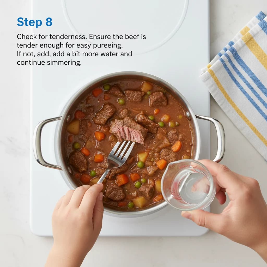 Step 8: Step 8: Check for tenderness. Ensure the beef is tender enough for easy pureeing. If not, add a bit for Baby Beef Stew Purée