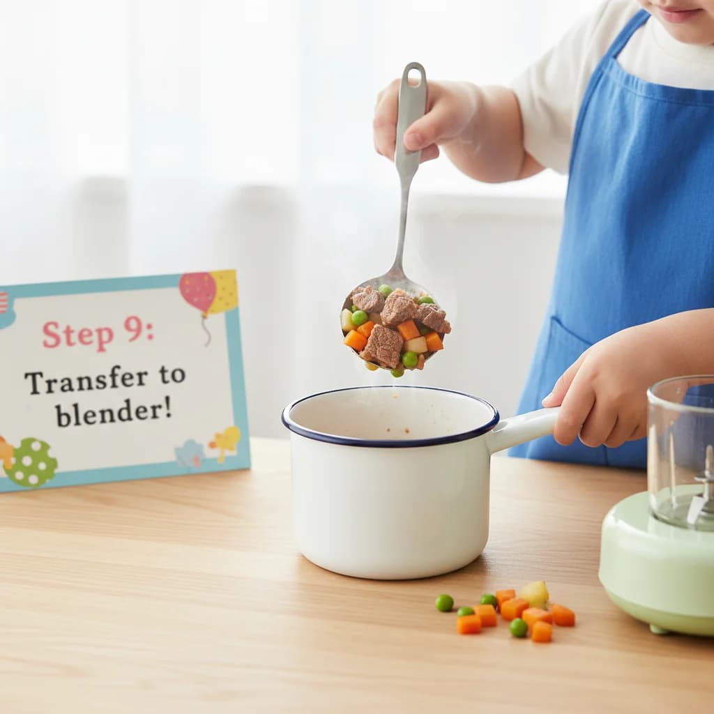 Step 9: Step 9: Transfer to blender. Using a slotted spoon, carefully transfer the cooked beef and vegetable for Baby Beef Stew Purée