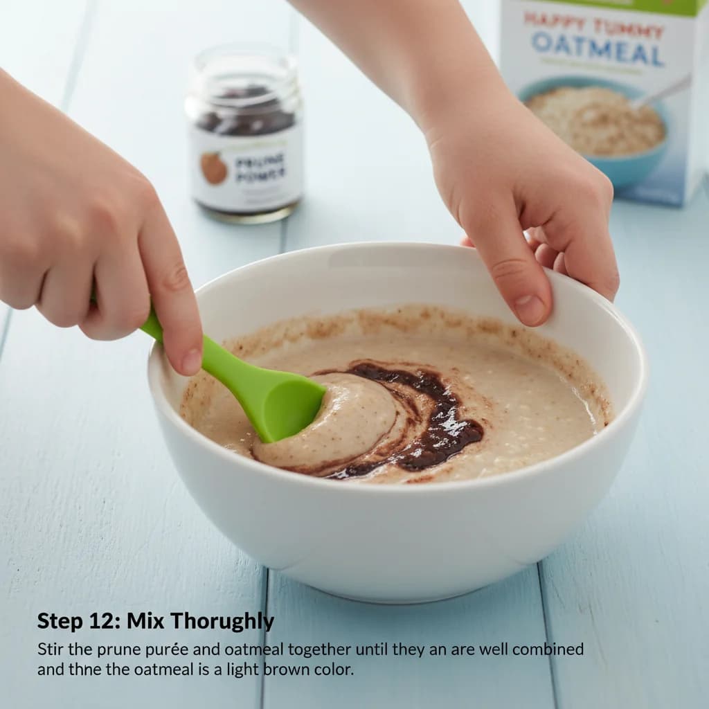 Step 12: **Mix Thoroughly:** Stir the prune purée and oatmeal together until they are well combined and the o for Happy Tummy Oatmeal with Prune Power
