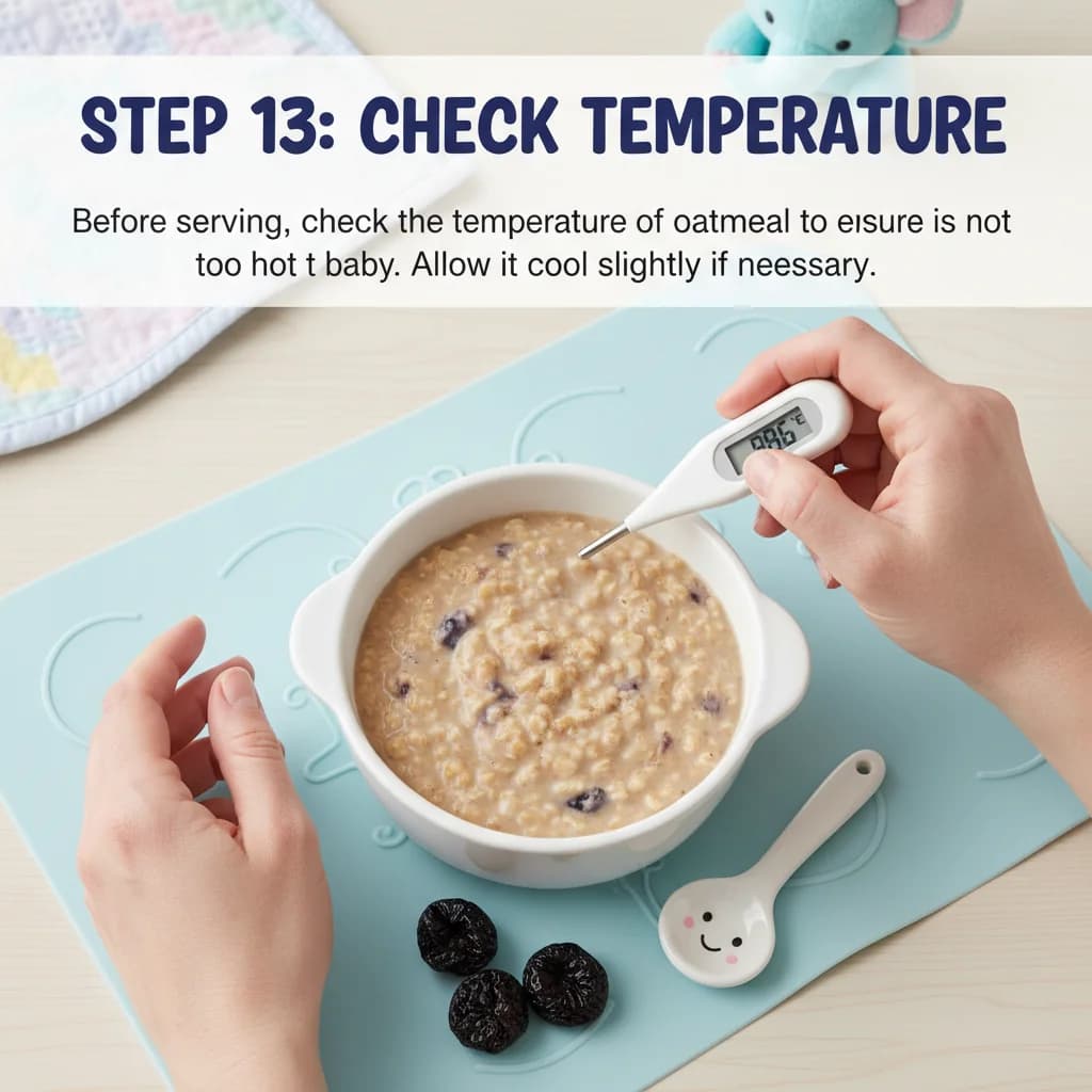 Step 13: **Check Temperature:** Before serving, check the temperature of the oatmeal to ensure it is not too for Happy Tummy Oatmeal with Prune Power