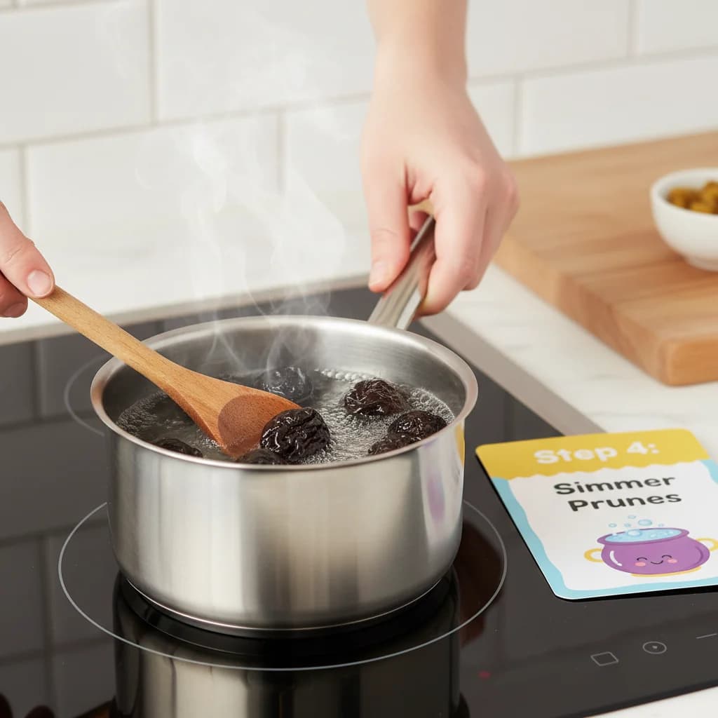Step 4: **Simmer Prunes:** Bring the water to a gentle simmer over medium heat. Cook for about 5 minutes, or for Happy Tummy Oatmeal with Prune Power