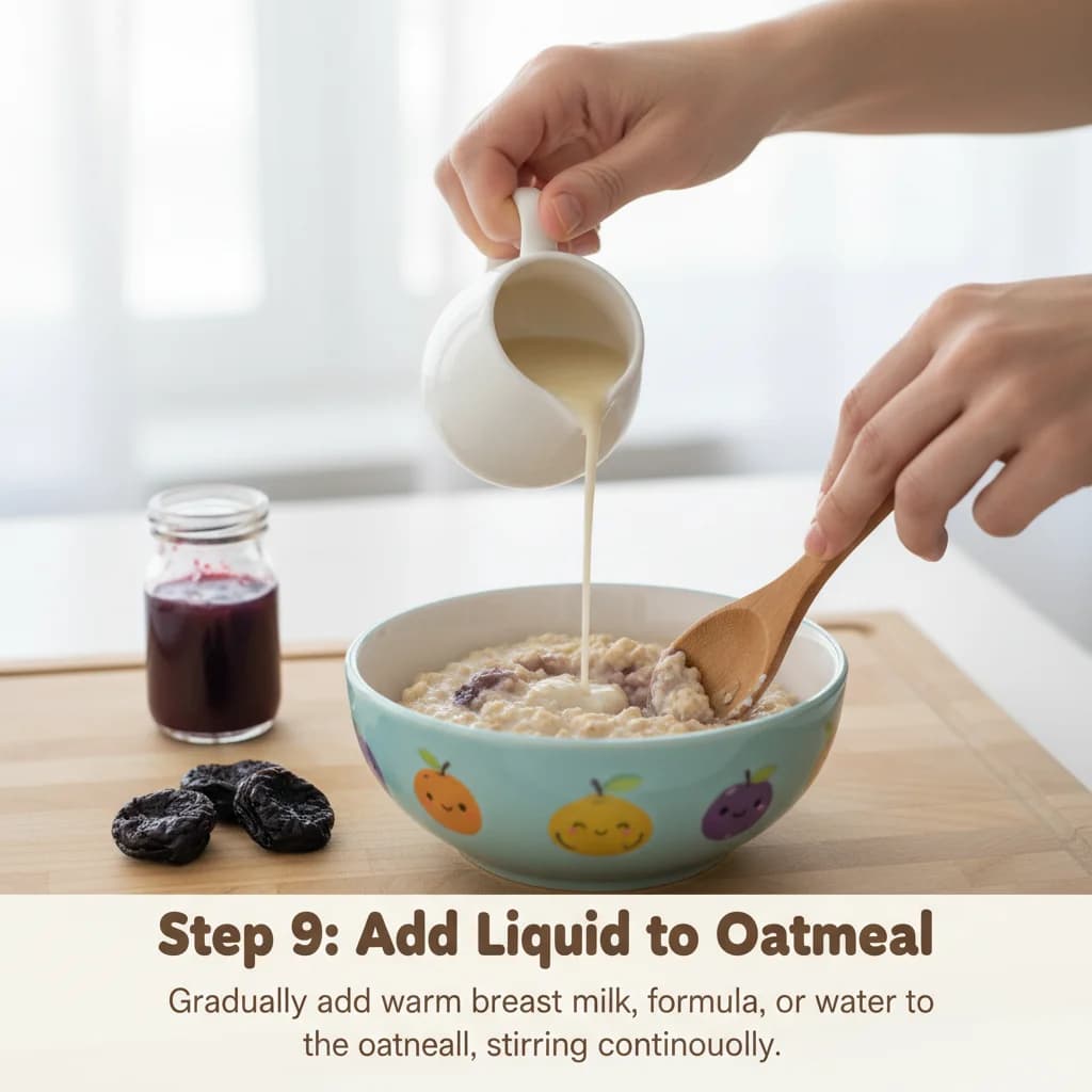 Step 9: **Add Liquid to Oatmeal:** Gradually add warm breast milk, formula, or water to the oatmeal, stirrin for Happy Tummy Oatmeal with Prune Power