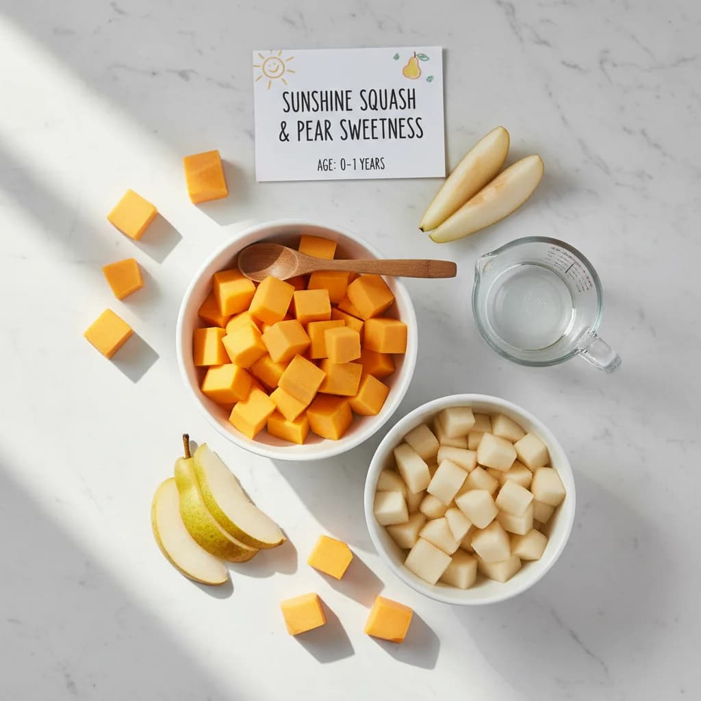 All ingredients needed for Sunshine Squash & Pear Sweetness arranged on a clean surface