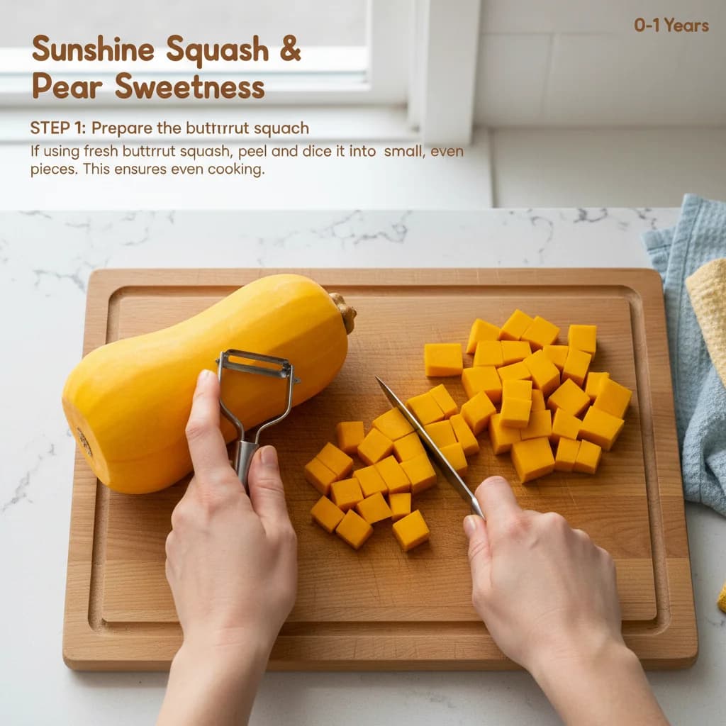 Step 1: Prepare the butternut squash: If using fresh butternut squash, peel and dice it into small, even pie for Sunshine Squash & Pear Sweetness