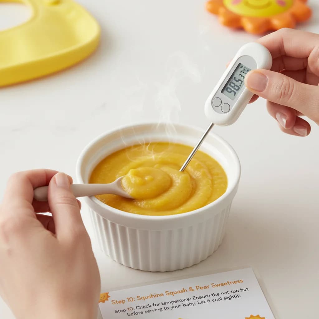 Step 10: Check for temperature: Ensure the purée is not too hot before serving to your baby. Let it cool slig for Sunshine Squash & Pear Sweetness
