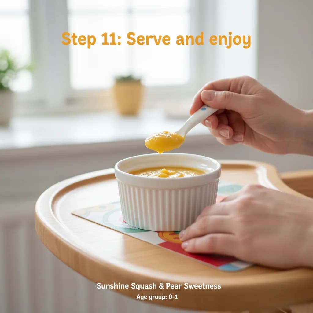 Step 11: Serve and enjoy: Serve a portion of the purée to your baby. The natural sweetness of the squash and for Sunshine Squash & Pear Sweetness